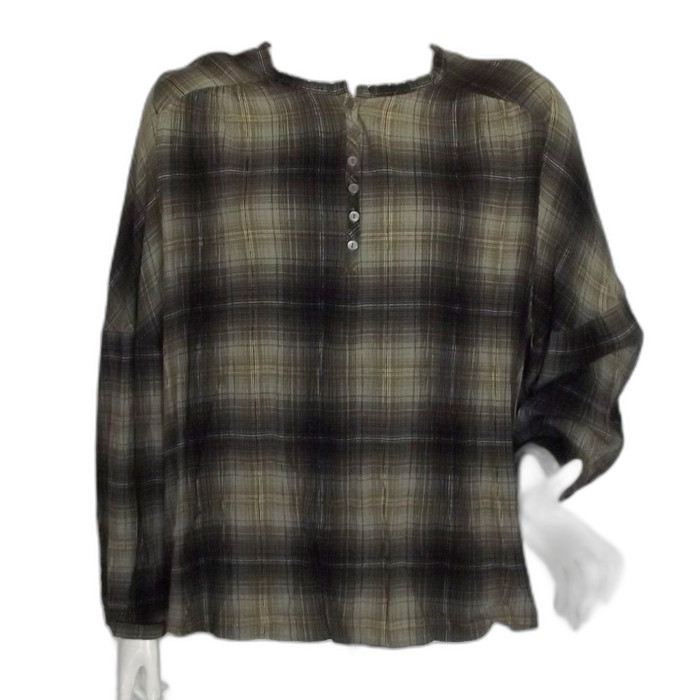 FRYE & CO Blouse, 2X, Green/Black Plaid, long sleeves, Pullover/Buttons, Rayon
